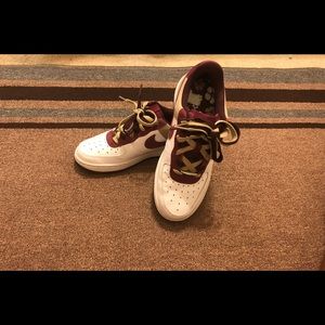 Nike Air Force Ones white, burgundy, and tan